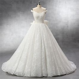 Ball Gown Off The Shoulder Vintage Lace Pearl Beaded Wedding Dress With Bow