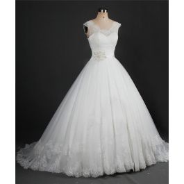 Ball Gown Scalloped Neck Tulle Lace Wedding Dress With Crystals Beading Sash