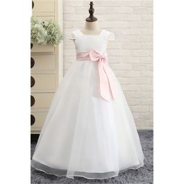 Ball Gown Square Neck Cap Sleeve Organza Flower Girl Dress With Sash