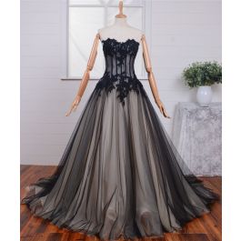 Ball Gown Strapless See Through Black Tulle Lace Beaded Corset Prom Dress