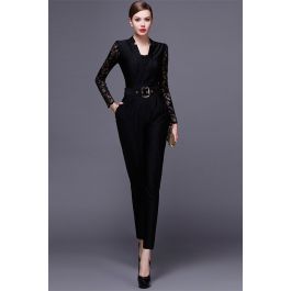 Black Jersey Lace Long Sleeve Formal Occasion Evening Jumpsuit