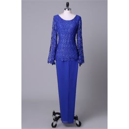 Column Scoop Neck Long Royal Blue Chiffon Lace Sleeve Mother Of The Bride Dress
