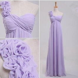 Elegant One Shoulder Empire Waist Long Lavender Chiffon Bridesmaid Dress Flowers Strap