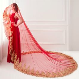 Elegant Red Tulle Gold Lace Wedding Bridal Cathedral Veil