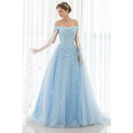 Fantastic Ball Gown Off The Shoulder Light Blue Tulle Floral Beaded Wedding Dress