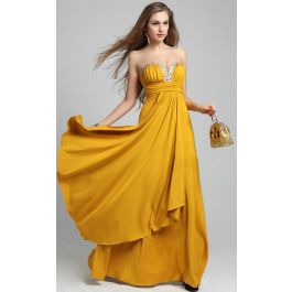 Flowing Sweetheart Long Gold Chiffon Beaded Prom Dress With Draping