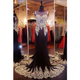Formal Mermaid Illusion Neckline Black Silk Gold Lace Applique Evening Dress