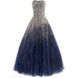 Gorgeous Ball Strapless Navy Blue Tulle Beaded Sparkly Prom Dress