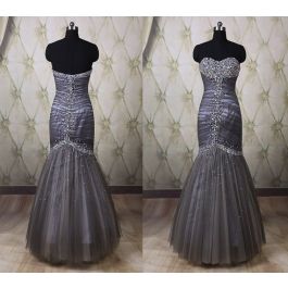 Gorgeous Mermaid Strapless Charcoal Gray Tulle Beaded Prom Dress