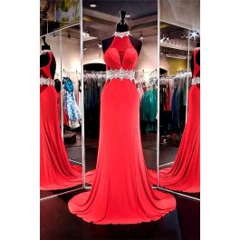 Halter Open Back Long Red Chiffon Beaded Special Occasion Prom Dress