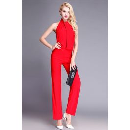 High Neck Open Back Red Jersey Special Occasion Evening Jumpsuit