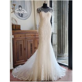 Memraid Illusion Neckline Long Sleeve Lace Beaded Wedding Dress With Buttons