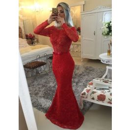 Memraid Long Sleeve Red Lace Beaded Prom Dress With Bow Sash