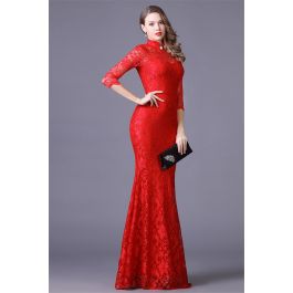 Mermaid High Neck Red Lace Special Occasion Evening Dress With Sleeves