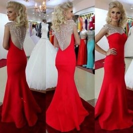 Mermaid Illusion Neckline See Through Back Red Satin Beaded Prom Dress