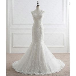 Mermaid Scalloped Neck Low Back Venice Lace Pearl Beaded Wedding Dress