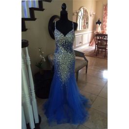 Mermaid Sweetheart Open Back Royal Blue Tulle Beaded Prom Dress With Straps