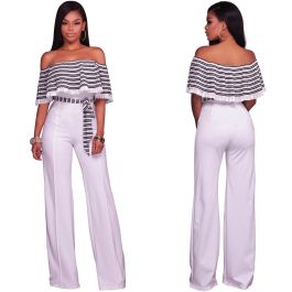 Off The Shoulder Wide Legged Pants Striped Women Jumpsuit With Sash