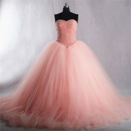 Puffy Ball Gown Strapless Pearl Pink Tulle Beaded Prom Dress Corset Back