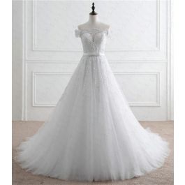 Romantic A Line Off The Shoulder Tulle Lace Beaded Wedding Dress With Bow Sash