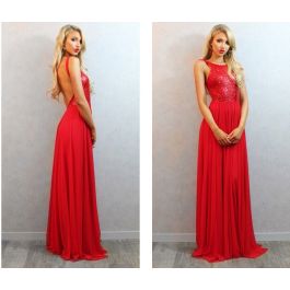 Sexy A Line Bateau Neck Backless Long Red Chiffon Sequined Prom Dress
