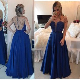 Sexy A Line Illusion Neckline Long Royal Blue Satin Tulle Beaded Prom Dress With Sleeves
