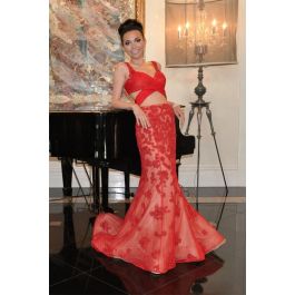 Sexy Mermaid Cut Outs Red Tulle Lace Prom Dress With Straps