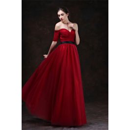 Sexy Sweetheart Off The Shoulder Short Sleeve Red Tulle Evening Prom Dress With Black Sash