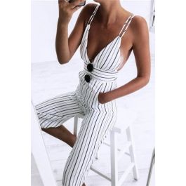 Sexy V Neck Backless Spaghetti Strap Black And White Striped Women Jumpsuit