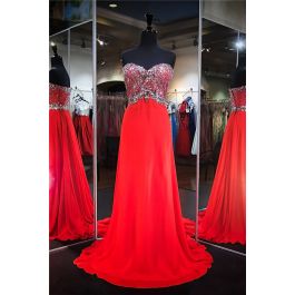 Sheath Sweetheart Long Red Chiffon Beaded Prom Dress