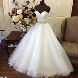 Simple Ball Gown Strapless Sweetheart Tulle Wedding Dress Crystals Sash