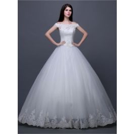 Traditional Ball Gown Off The Shoulder Tulle Lace Corset Wedding Dress Without Train