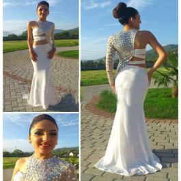 Unusual Sexy Mermaid One Shoulder White Jersey Beaded Prom Dress With Sleeves