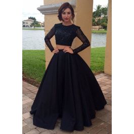 Beautiful Beaded Black Two Pieces Prom Party Dress Scoop Long Sleeves