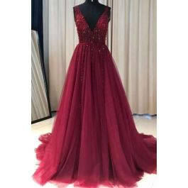 Boho See Through Long A Line Prom Party Dress V Neck Beading Burgundy Tulle