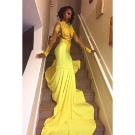 Gorgeous Long Mermaid Prom Party Dress High Neck Long Sleeves Yellow ...