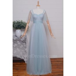 Elegant A Line Sweetheart Spaghetti Straps Cap Sleeve Pleated Light Blue Tulle Bridesmaid Evening Dress 