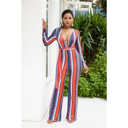 V Neck Long Sleeve Wide Leg Pants Red Woman Clothing Striped Jumpsuit With Waist-tie