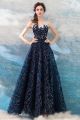 Gorgeous Scoop Corset Sequined Navy Blue Tulle A Line Prom Dress With Beaded Appliques