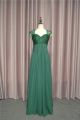 Empire Green Lace Chiffon Beaded Prom Party Dress Queen Anne Neckline Cap Sleeves Sheer Back