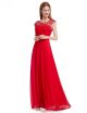 Elegant Scoop Cap Sleeve Open Back Beaded Lace Red Chiffon Prom Evening Dress