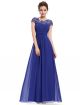 Elegant Scoop Cap Sleeve Open Back Beaded Lace Royal Blue Chiffon Prom Evening Dress