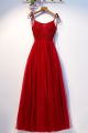 Elegant Spaghetti Straps Corset Beaded Red Tulle A Line Prom Evening Dress 