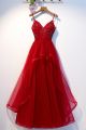 Spaghetti Straps Corset Beaded Appliques Layered Red Tulle A Line Prom Evening Dress 