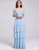 Romantic Cold Shoulder Ruffle Sleeve Tiered Light Blue Chiffon A Line Prom Evening Dress