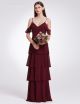 Romantic V Neck Cold Shoulder Ruffled Burgundy Chiffon A Line Prom Evening Dress