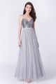 Beautiful V Neck Spaghetti Straps Sequined Bodice Grey Tulle Skirt Prom Bridesmaid Dress