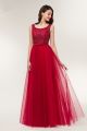 Elegant A Line Scoop Corset Crystal Beaded Red Tulle Prom Evening Dress With Bow