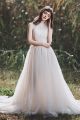 Boho High Neck Pleated Tulle A Line Wedding Dress With Appliques Pearl Buttons