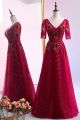 Elegant V Neck Half Sleeve Beaded Appliques Sequined Burgundy Lace A Line Prom Evening Dress 